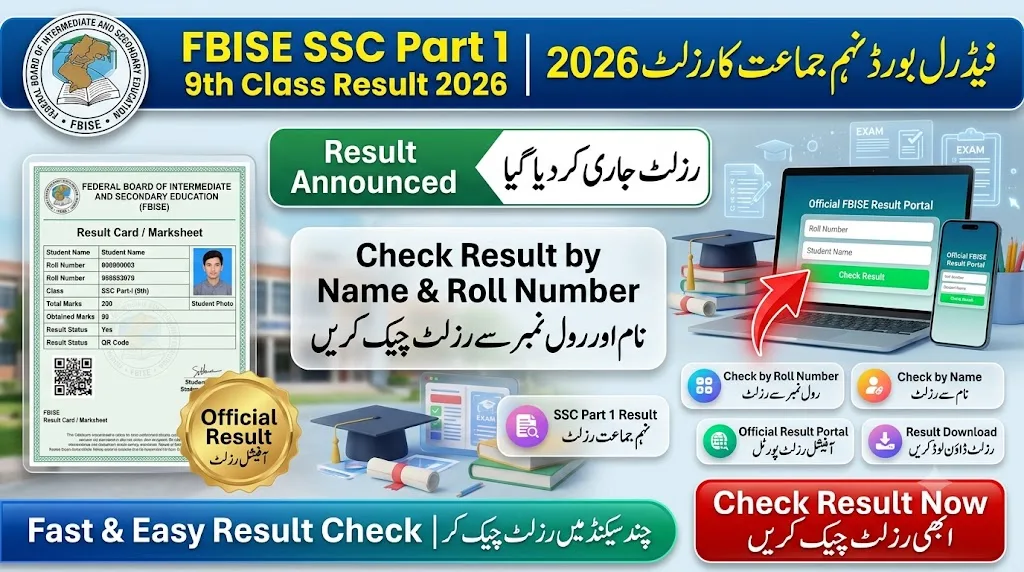 FBISE SSC Part 1 9th Class Result 2026 Check By Name Roll No